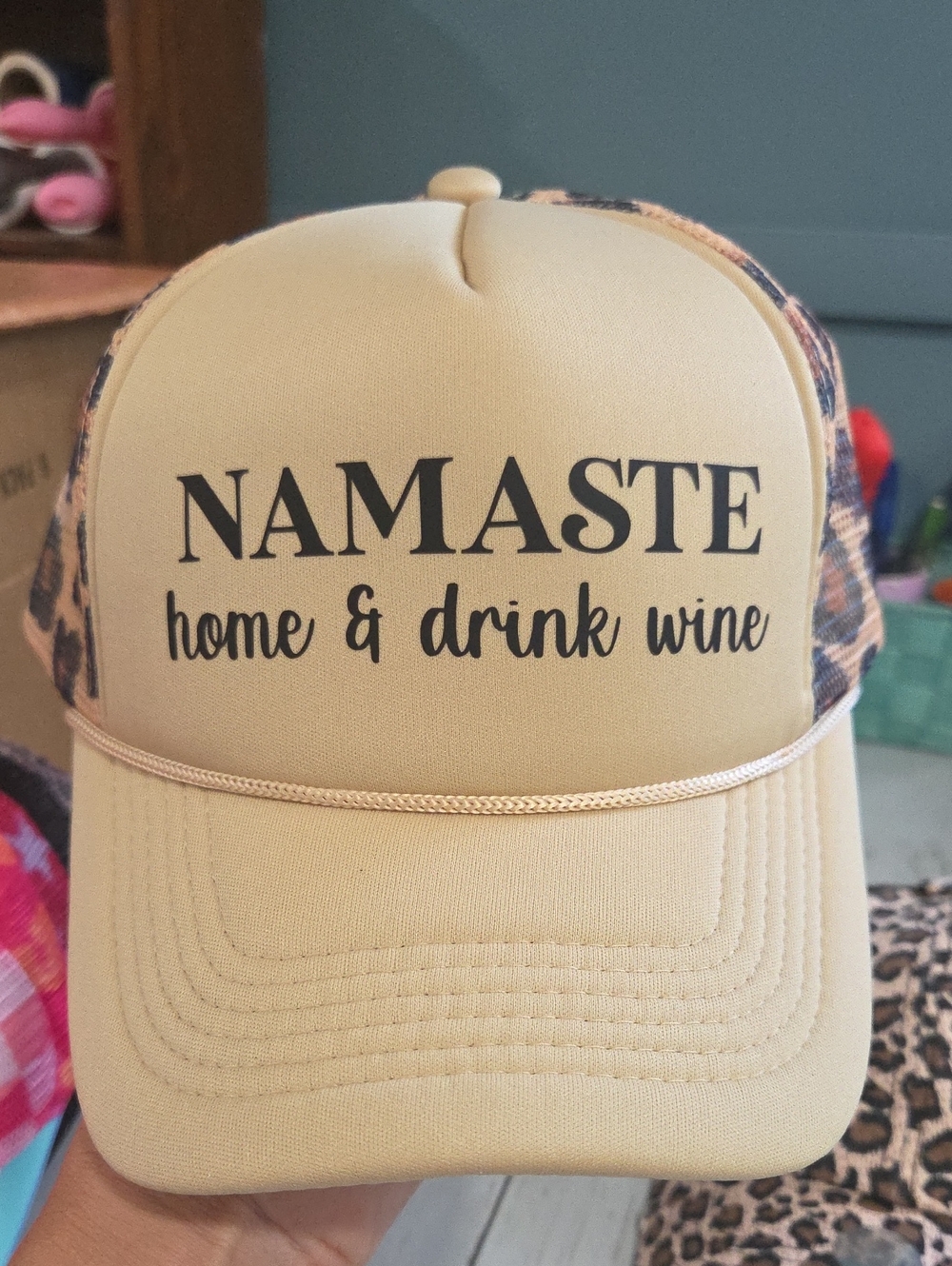 Namaste Home & Drink Wine Beige Trucker Hat